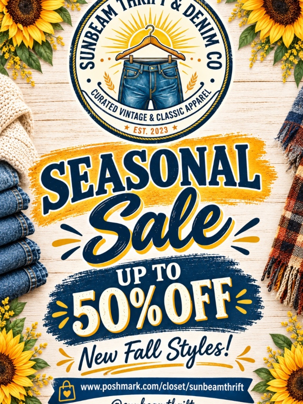 Sunbeam Thrift and Denim Co. Seasonal Sale Up to 50% off!